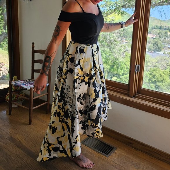 MARINA Yellow & Black Printed Mikado High Low Gown sz 6. - Picture 7 of 8